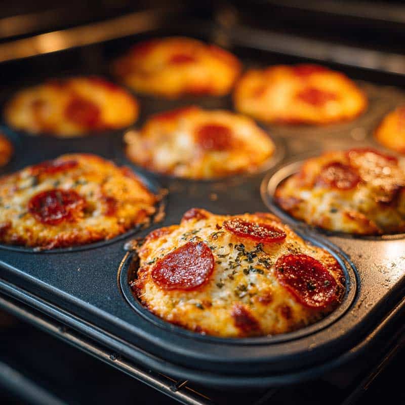 Muffins baking in oven with golden bubbling cheese