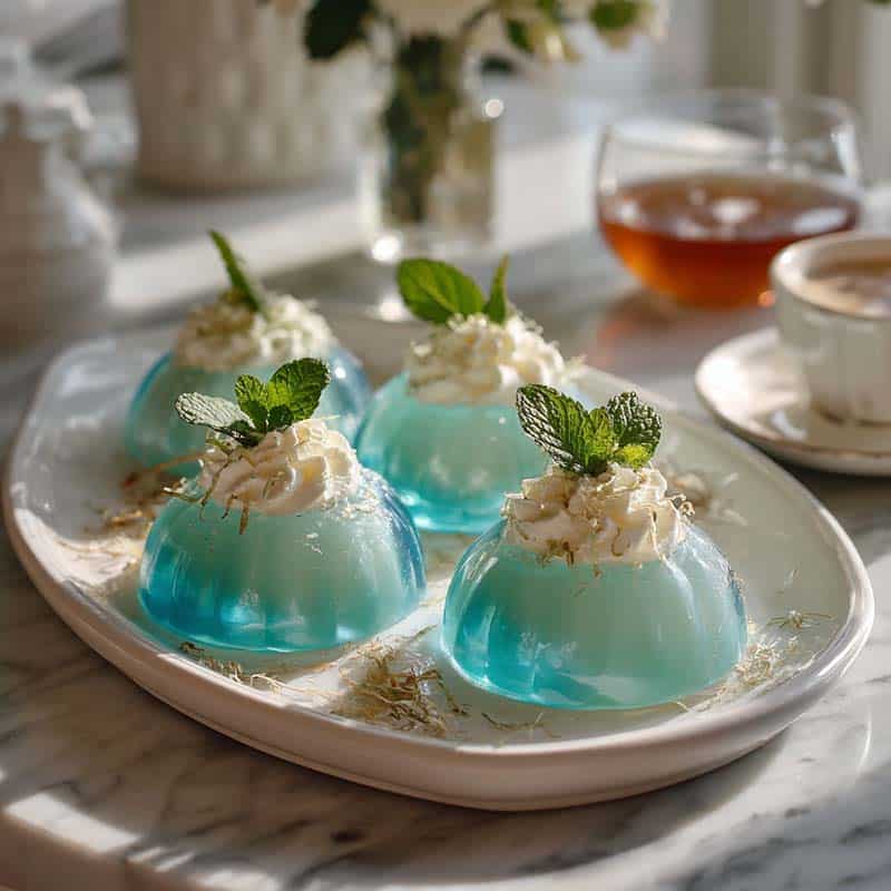 Blue jello eggs with whipped cream and mint on marble platter