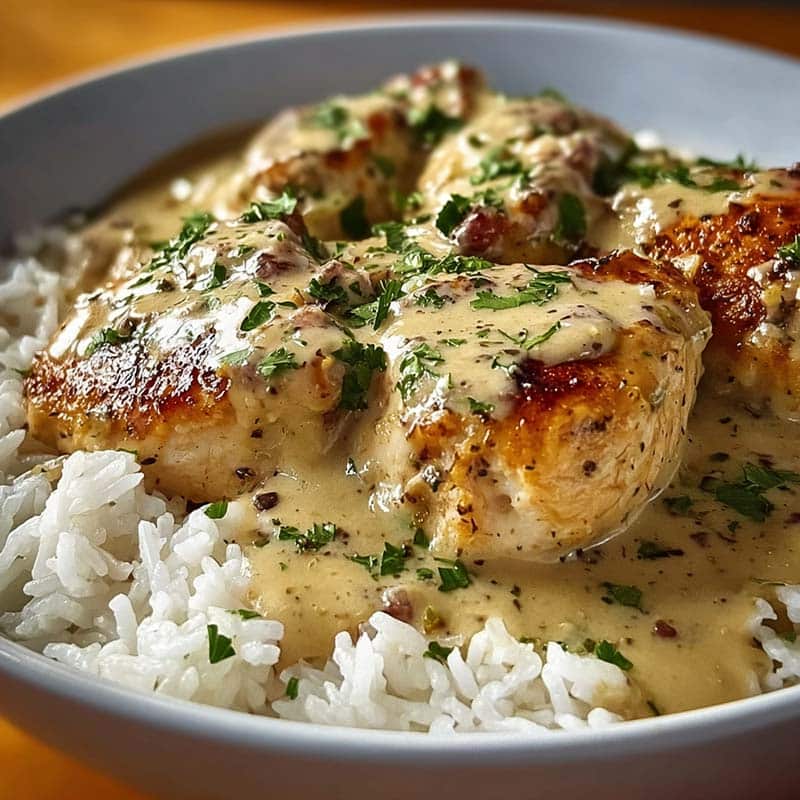 smothered chicken plated with rice and herbs