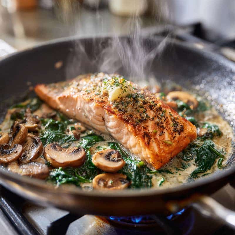 Cooking garlic butter salmon in creamy sauce with spinach