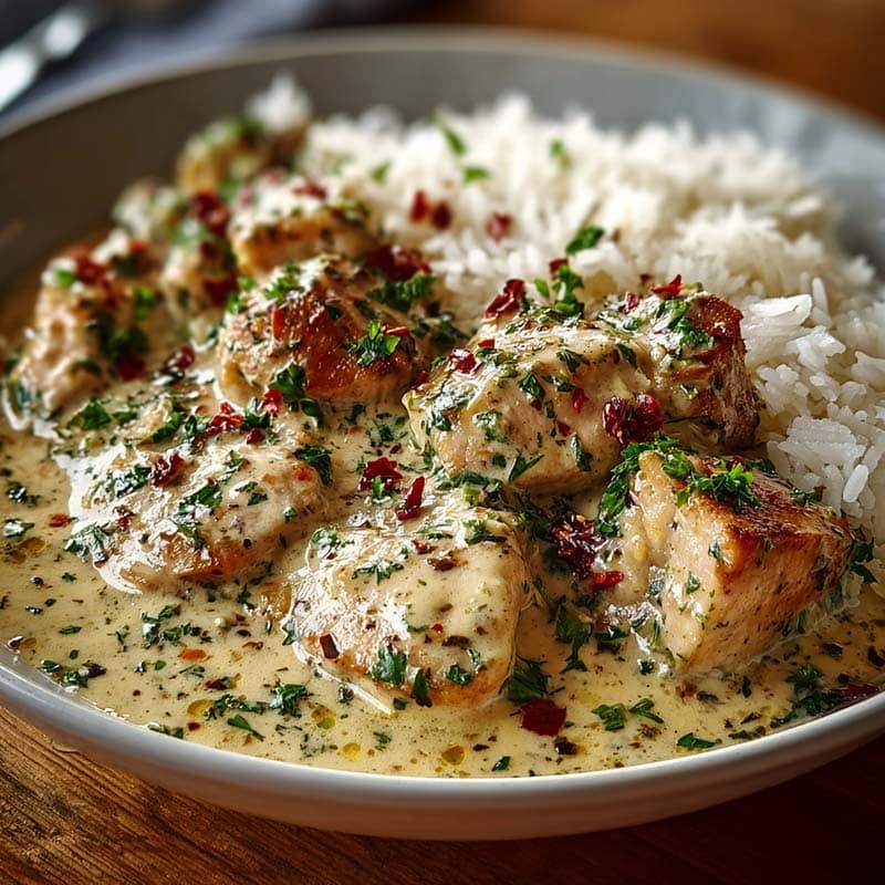 creamy smothered chicken over rice dish