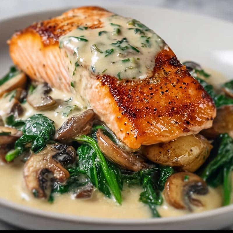 garlic butter salmon with spinach and mushroom in creamy sauce