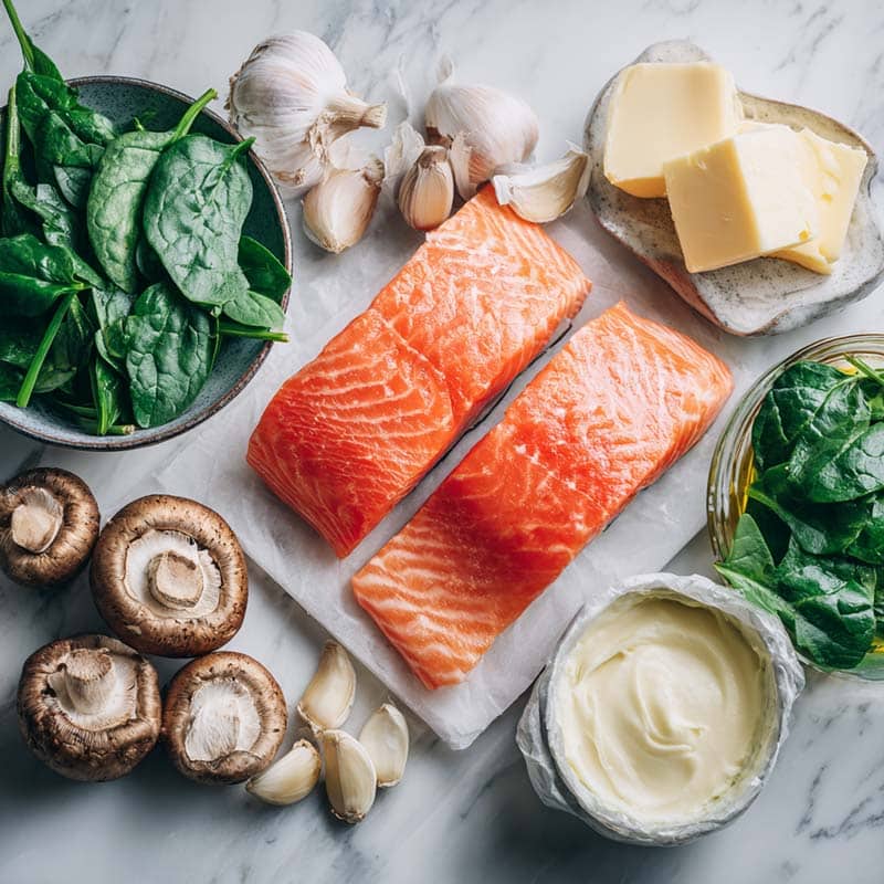 Ingredients for garlic butter salmon with spinach and mushroom