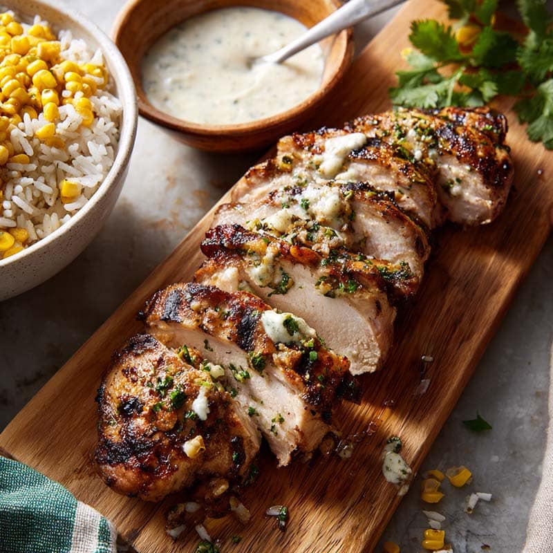 Sliced grilled chicken on board next to corn and rice