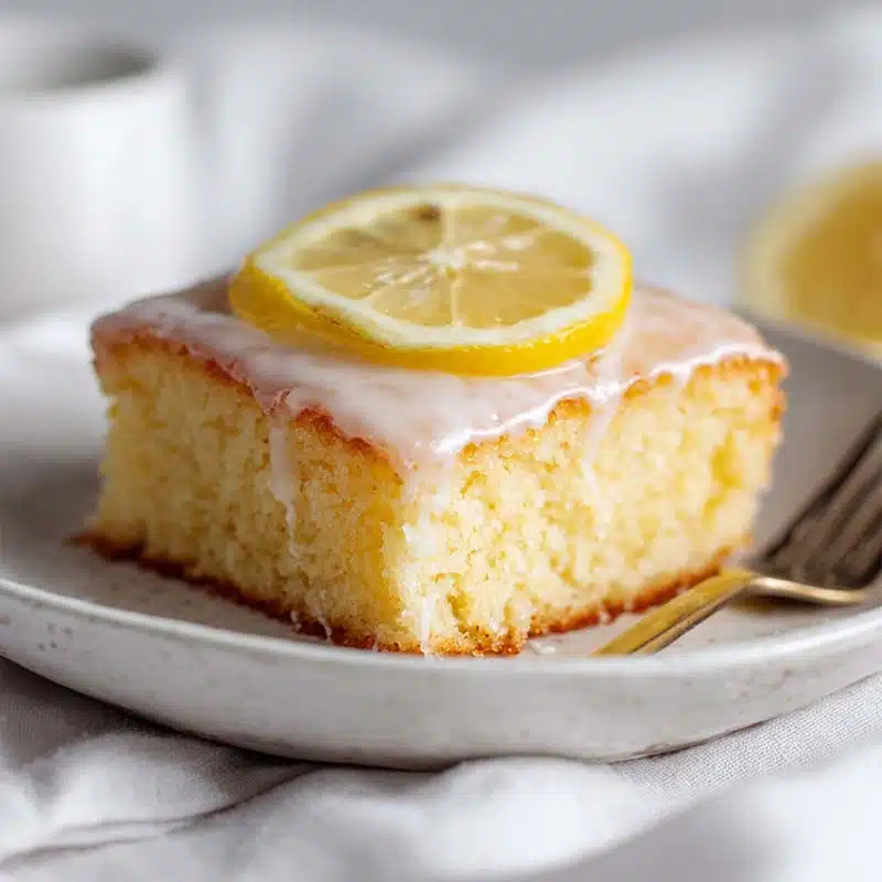 Featured slice of lemon jello cake with lemon on top