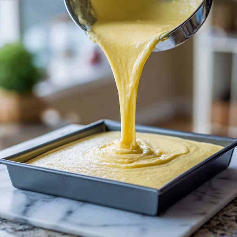 Glazing freshly baked lemon jello cake