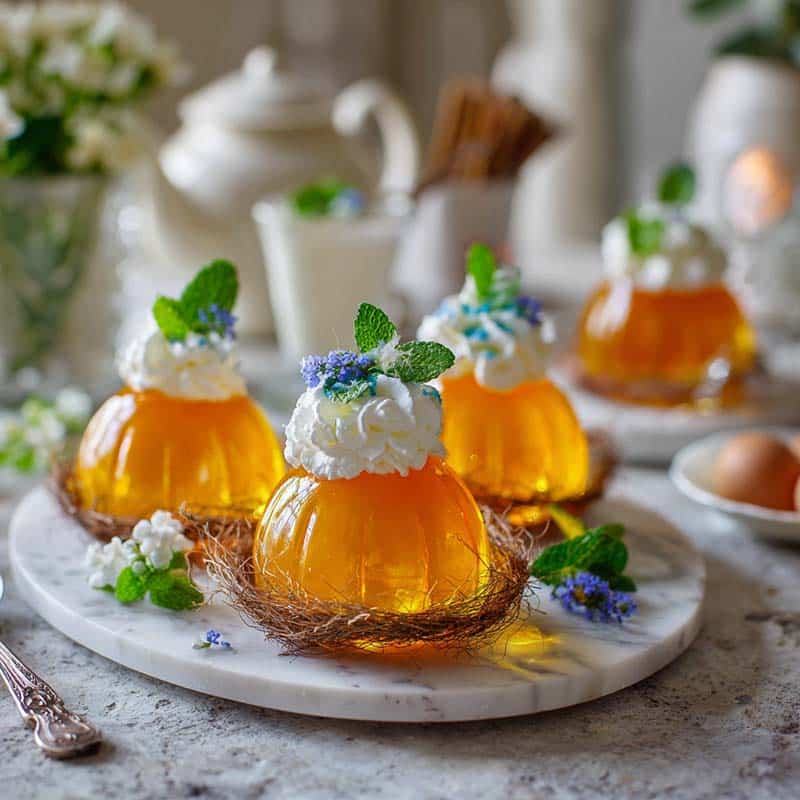 Orange jello eggs decorated with whipped cream, flowers, and mint