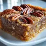 Pecan pie dump cake with golden topping and pecans