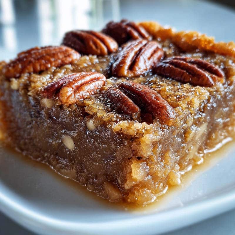 Pecan pie dump cake with golden topping and pecans