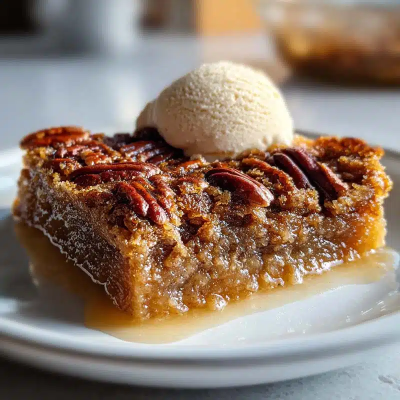 Served pecan pie dump cake with vanilla ice cream