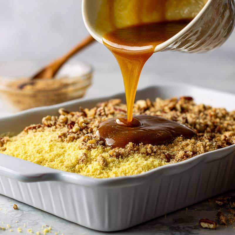 Assembling pecan pie dump cake