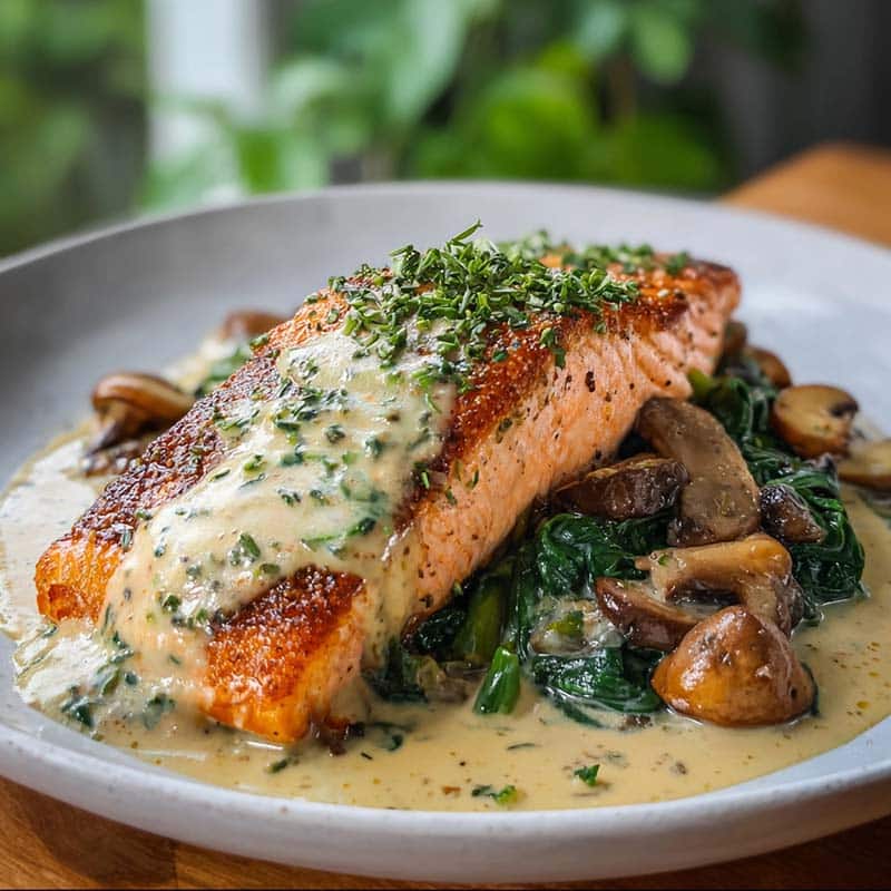 Served garlic butter salmon with spinach and mushroom sauce