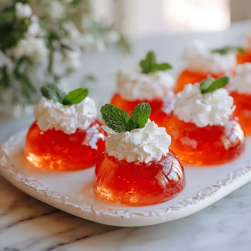 Red jello eggs with mold topped with whipped cream and mint leaves