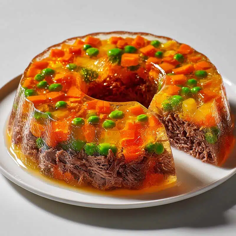 Savory jello with meat and vegetables in a ring mold