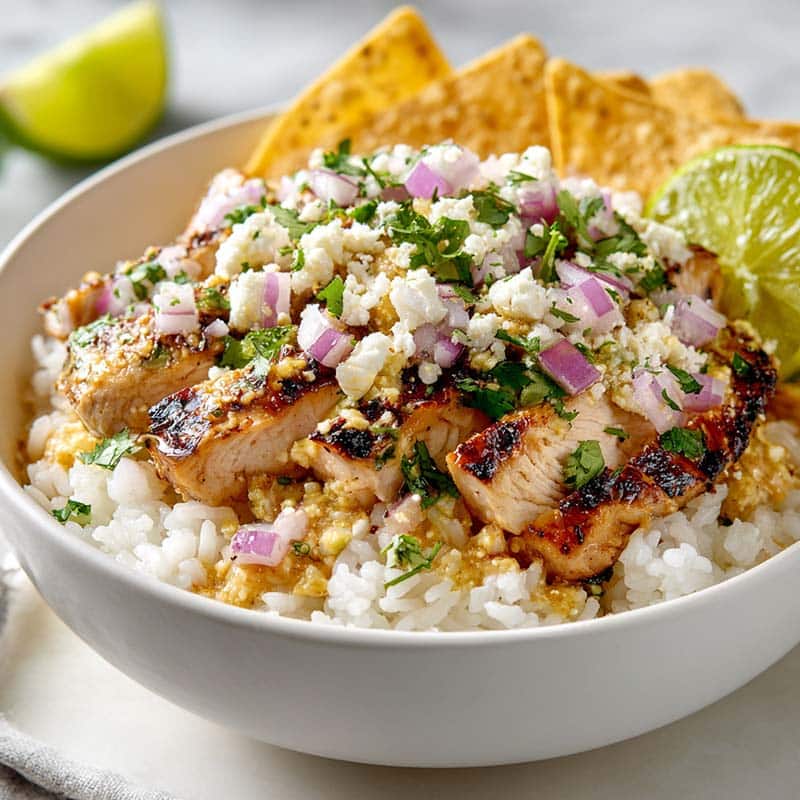 Assembled street corn chicken rice bowls with toppings and lime
