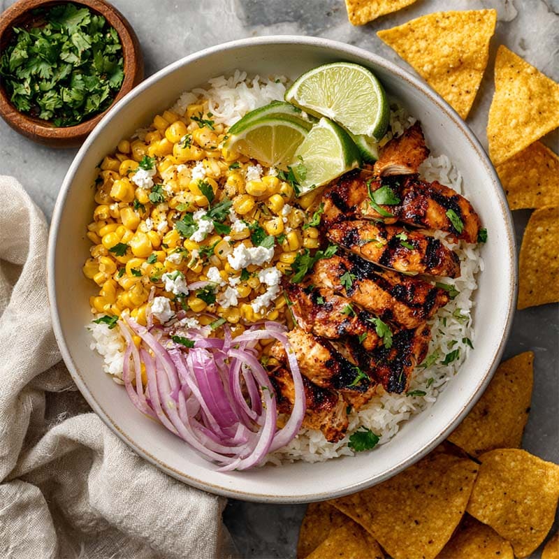 street corn chicken rice bowls with grilled chicken, crema, and cilantro