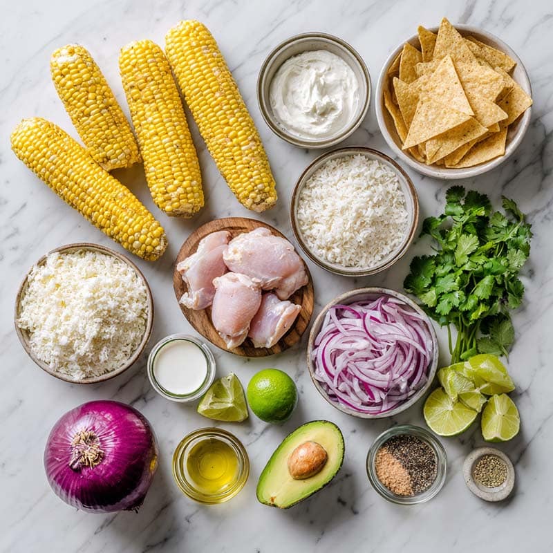 Ingredients for street corn chicken rice bowl arranged on white marble