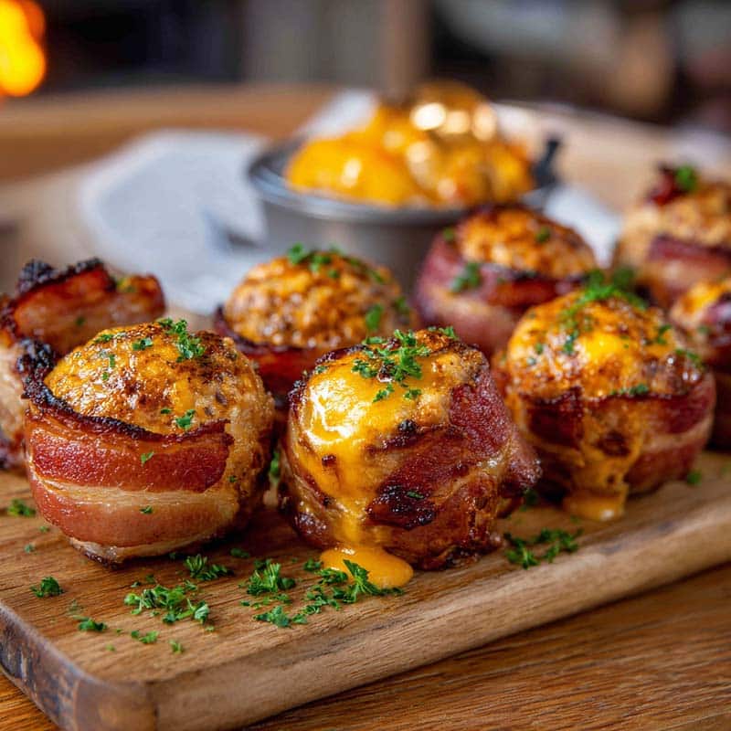 Cheddar-Stuffed BBQ Bacon Bombs on serving board