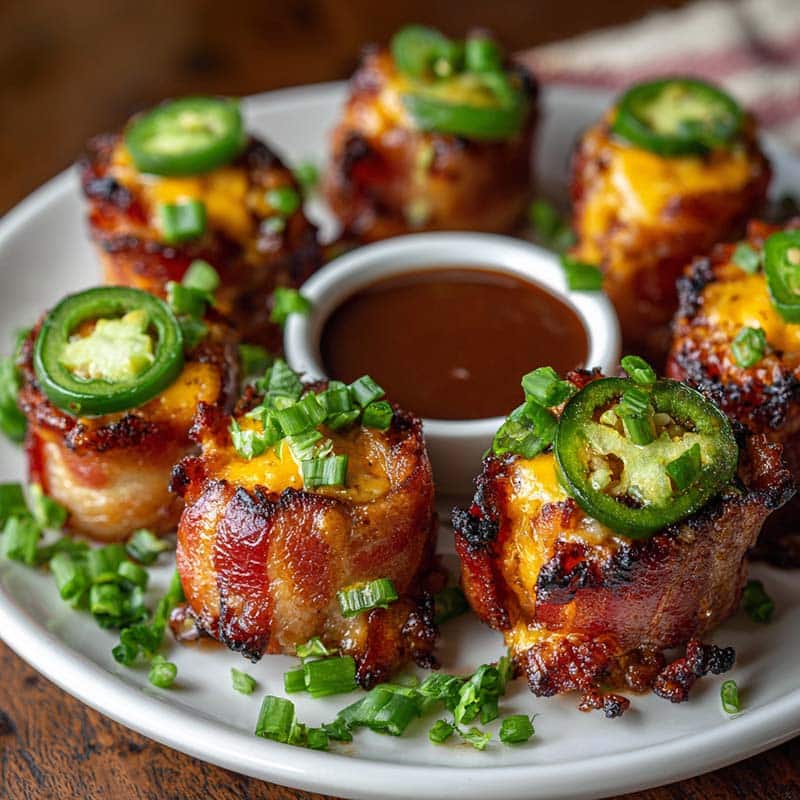 BBQ Bacon Bombs Served with Garnish and Sauce