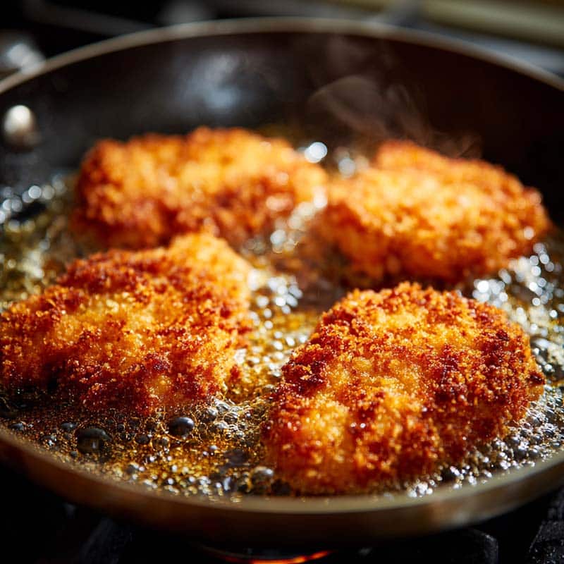 frying crispy chicken in pan for hot honey feta recipe