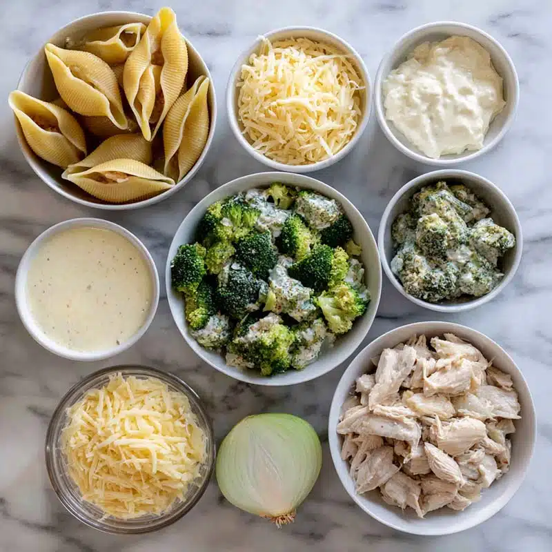 Ingredients for cheesy chicken broccoli stuffed shells