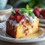 Slice of pineapple strawberry pound cake served with topping