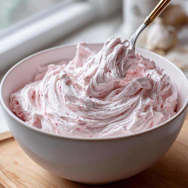 Mixing cherry jello and Cool Whip in bowl for pie filling
