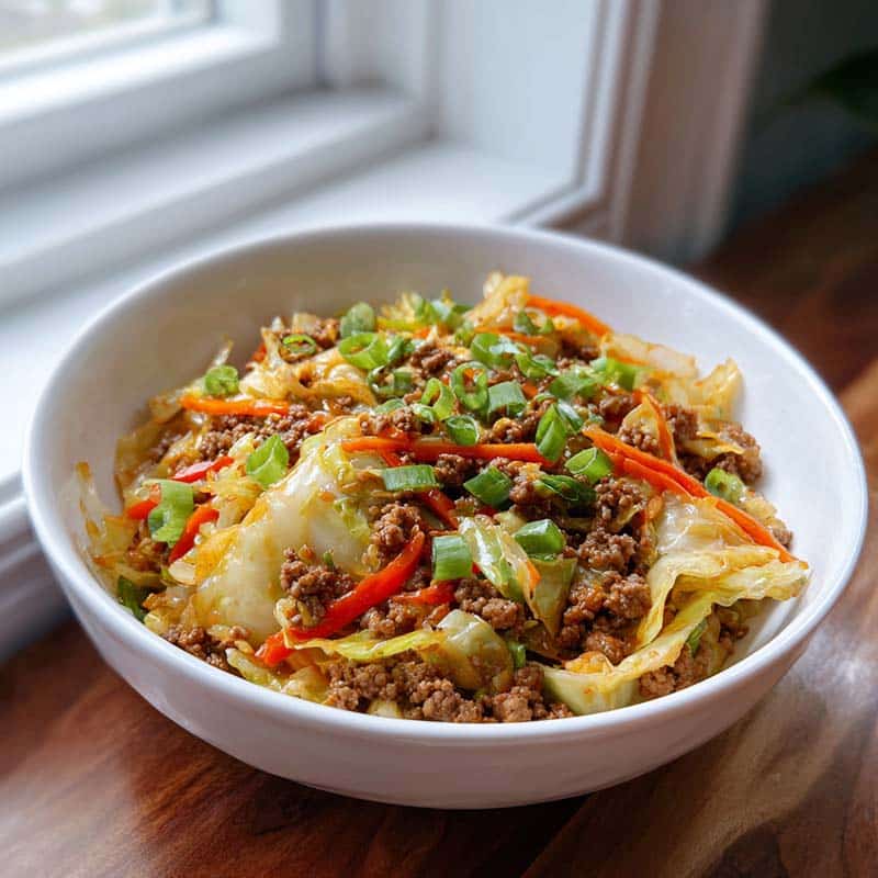 Chinese ground beef and cabbage stir-fry in modern kitchen