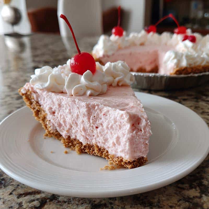 Cherry cool whip pie jello in graham crust, sliced and topped with whipped cream