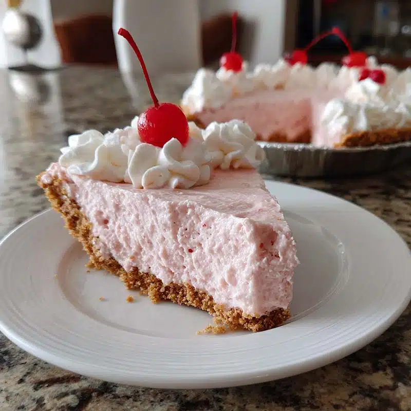 Cherry cool whip pie jello in graham crust, sliced and topped with whipped cream