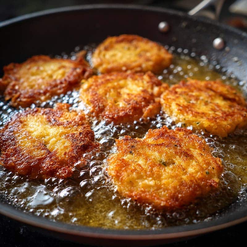 Crispy Cheddar Corn Potato Fritters frying in skillet