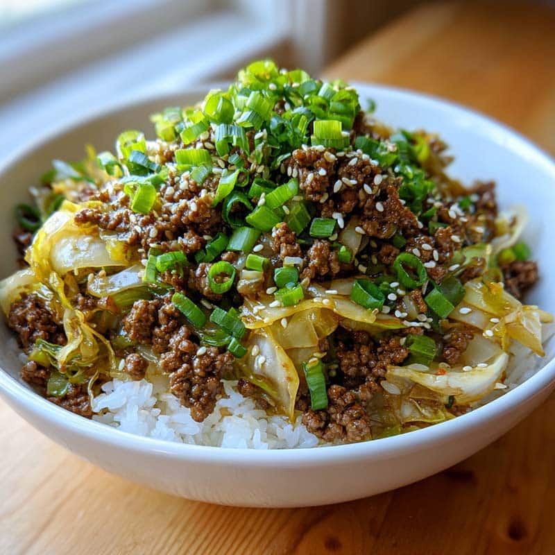 Chinese beef and cabbage stir-fry served with rice