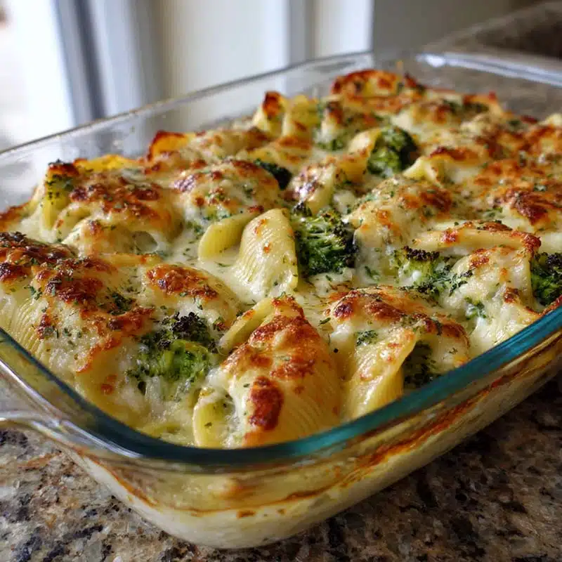 Cheesy chicken broccoli stuffed shells in baking dish