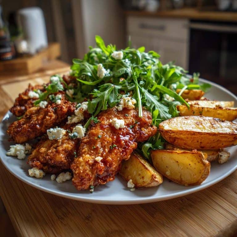 crispy hot honey feta chicken served in kitchen