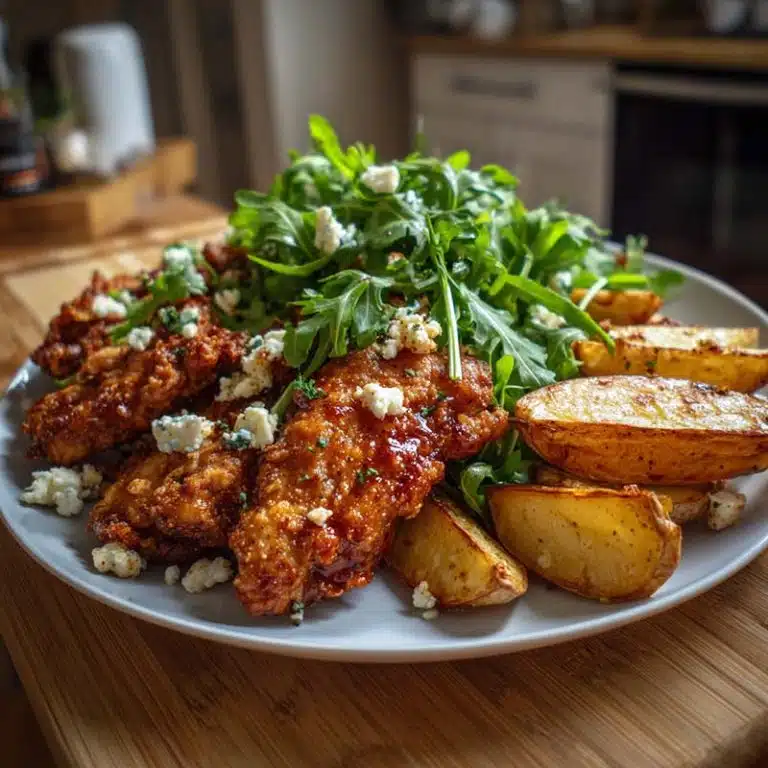 crispy hot honey feta chicken served in kitchen