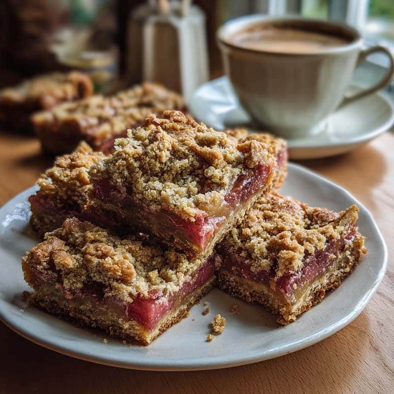 Rhubarb dream bars served in a bright kitchen