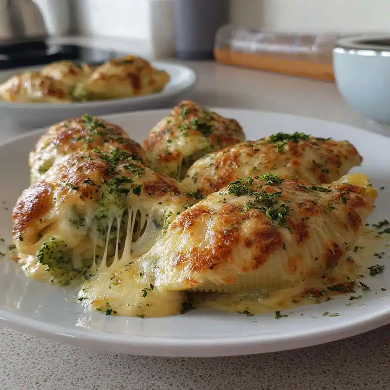 Served cheesy chicken broccoli stuffed shells on a plate