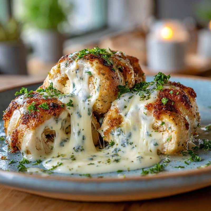 melted mozzarella and ranch chicken bombs sliced open on plate