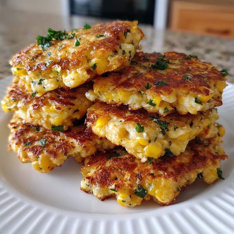 crispy cheddar corn potato fritters on white plate in bright kitchen