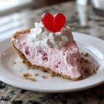 Slice of cherry jello Cool Whip pie with whipped cream and cherry on top
