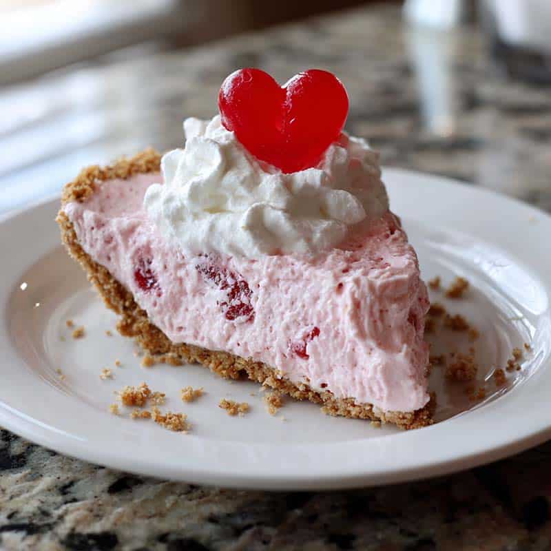 Slice of cherry jello Cool Whip pie with whipped cream and cherry on top