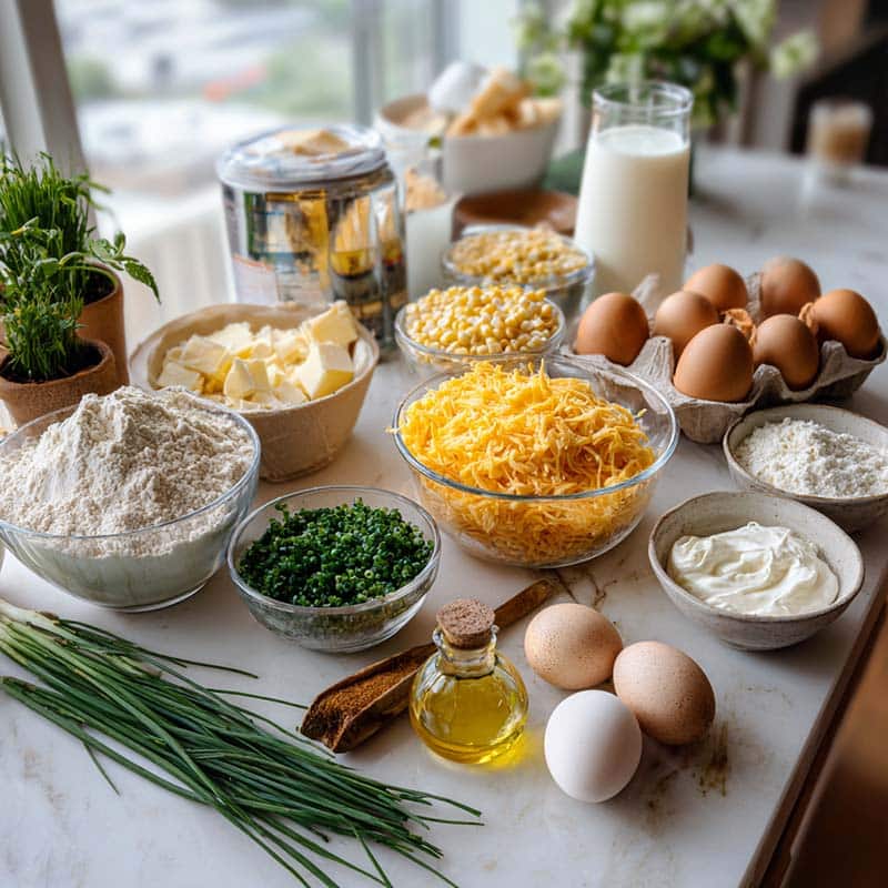 Crispy Cheddar Corn Potato Fritters ingredients displayed on wooden board