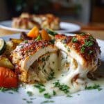 sliced ranch chicken bomb with melted cheese and vegetables