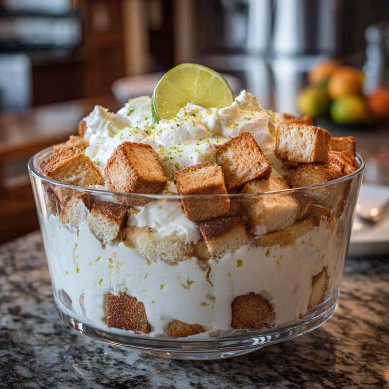 key lime pie trifle in glass bowl