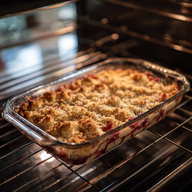 Rhubarb bars baking with custard layer