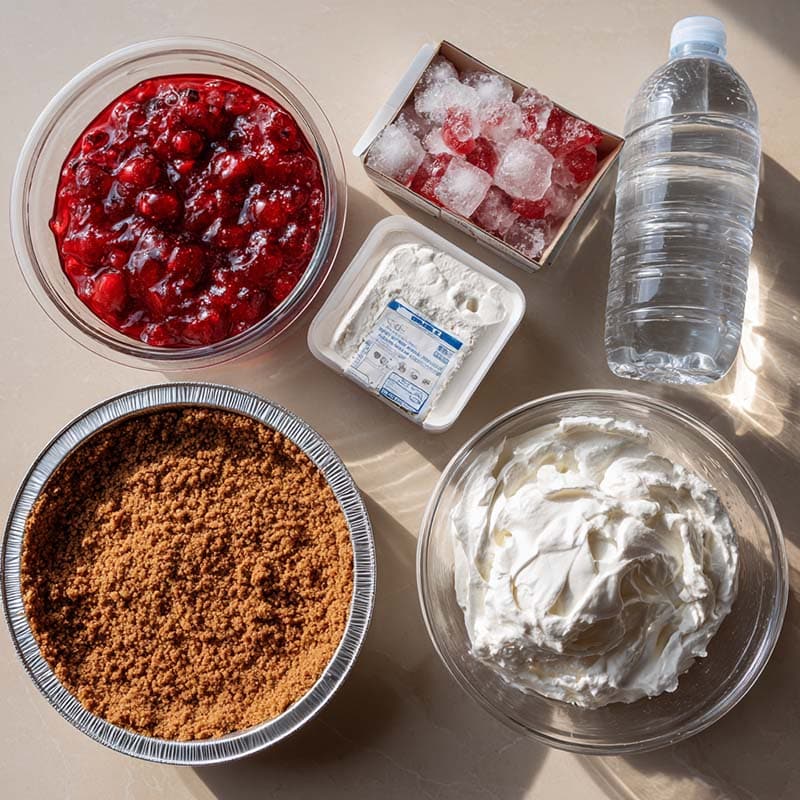 Ingredients for Cool Whip jello pie: cherry jello, whipped topping, graham crust