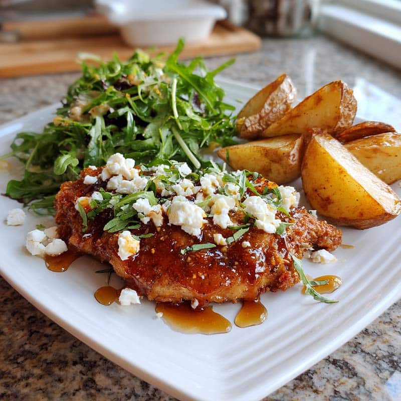 served crispy hot honey feta chicken with salad