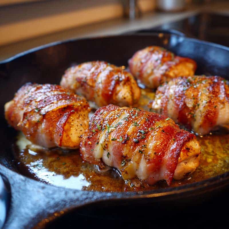 searing bacon-wrapped mozzarella ranch chicken in skillet