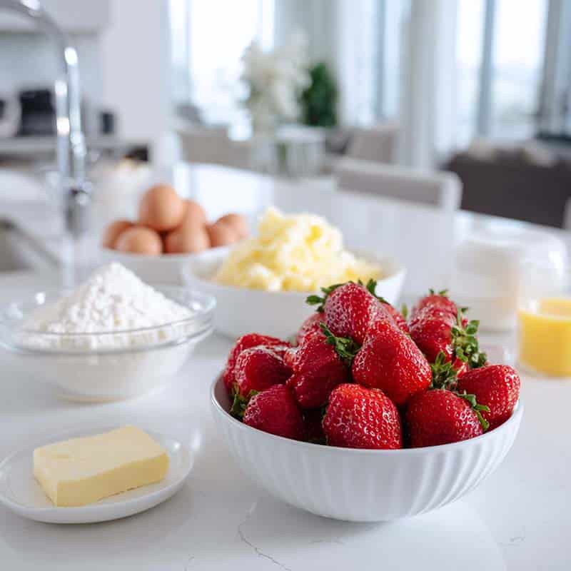 Ingredients for pineapple strawberry pound cake arranged on white surface