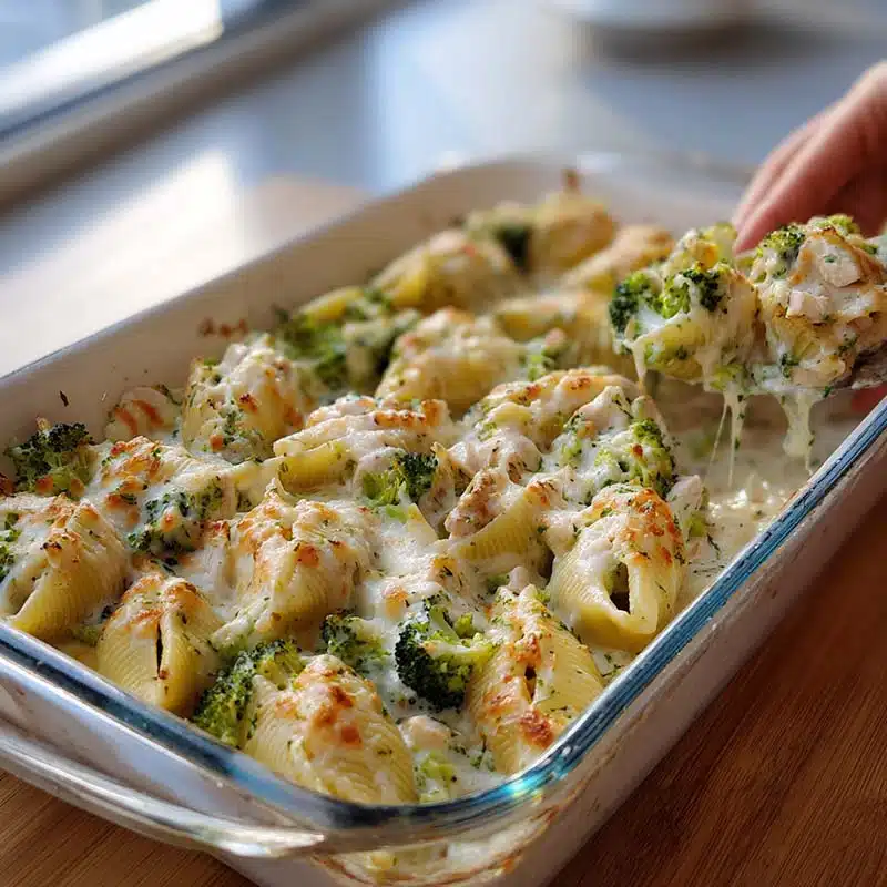 Stuffing pasta shells with creamy chicken broccoli mix